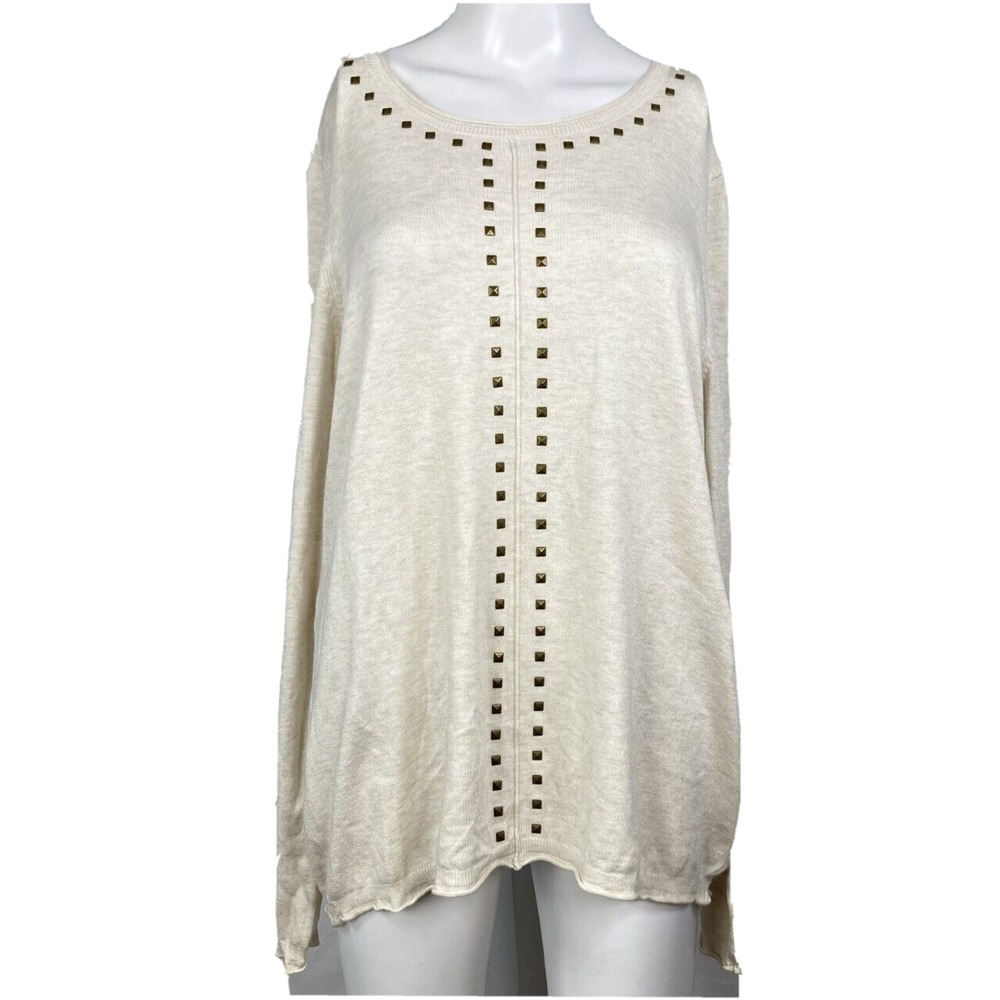 Sahalie Sweater Womens Sz L Beige Lightweight Studded Knit Tunic Top Stretch